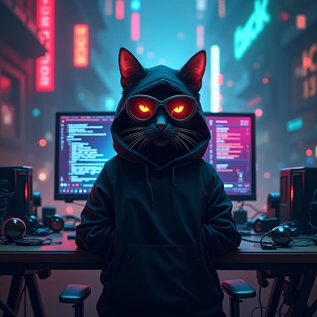 Hacker Cat in Dreamlike Cyberpunk Cityscape