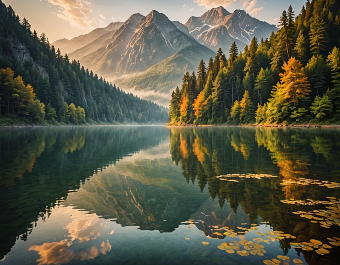 Serene Mountain Lake at Dawn in Oil Painting Style