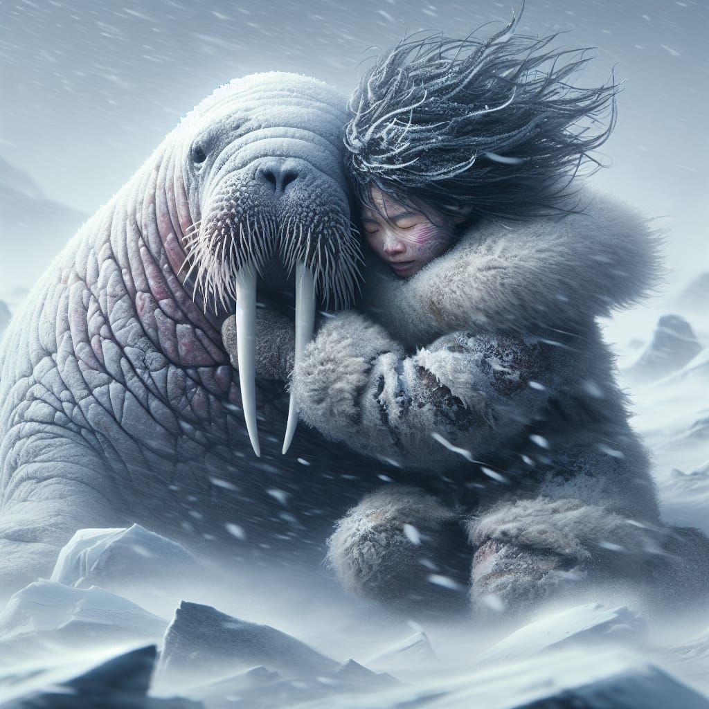 Inuit Girl Hugging Walrus in Blizzard, Matte Painting