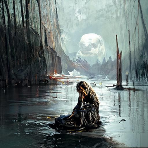 Crying Woman Beside Lake in Dark Romantic Style