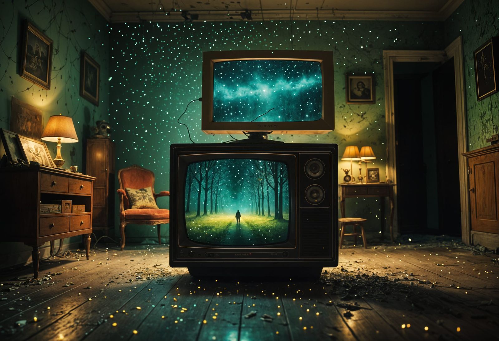 Fireflies Emerge from Retro TV in Abandoned Room