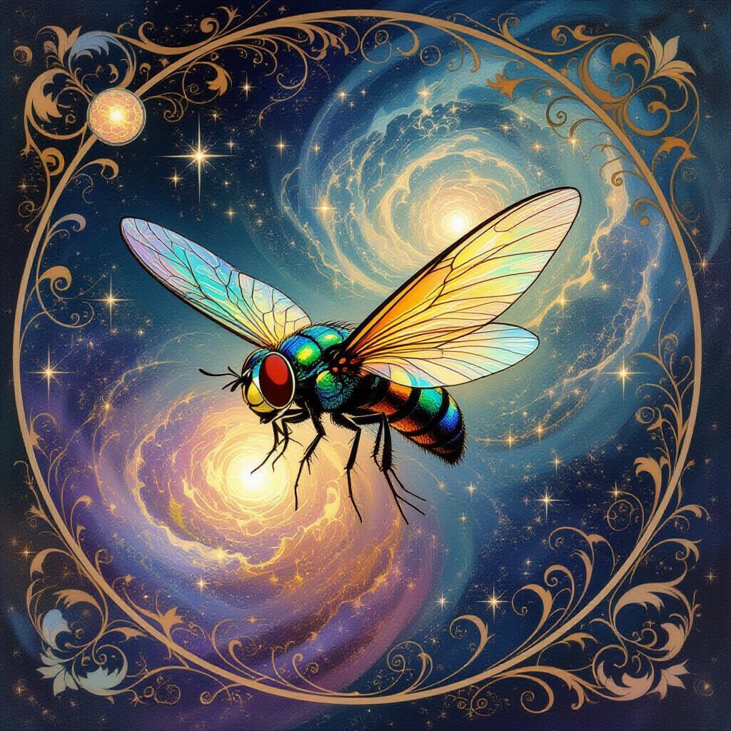 Art Nouveau Fly Soaring Through Cosmic Nebula