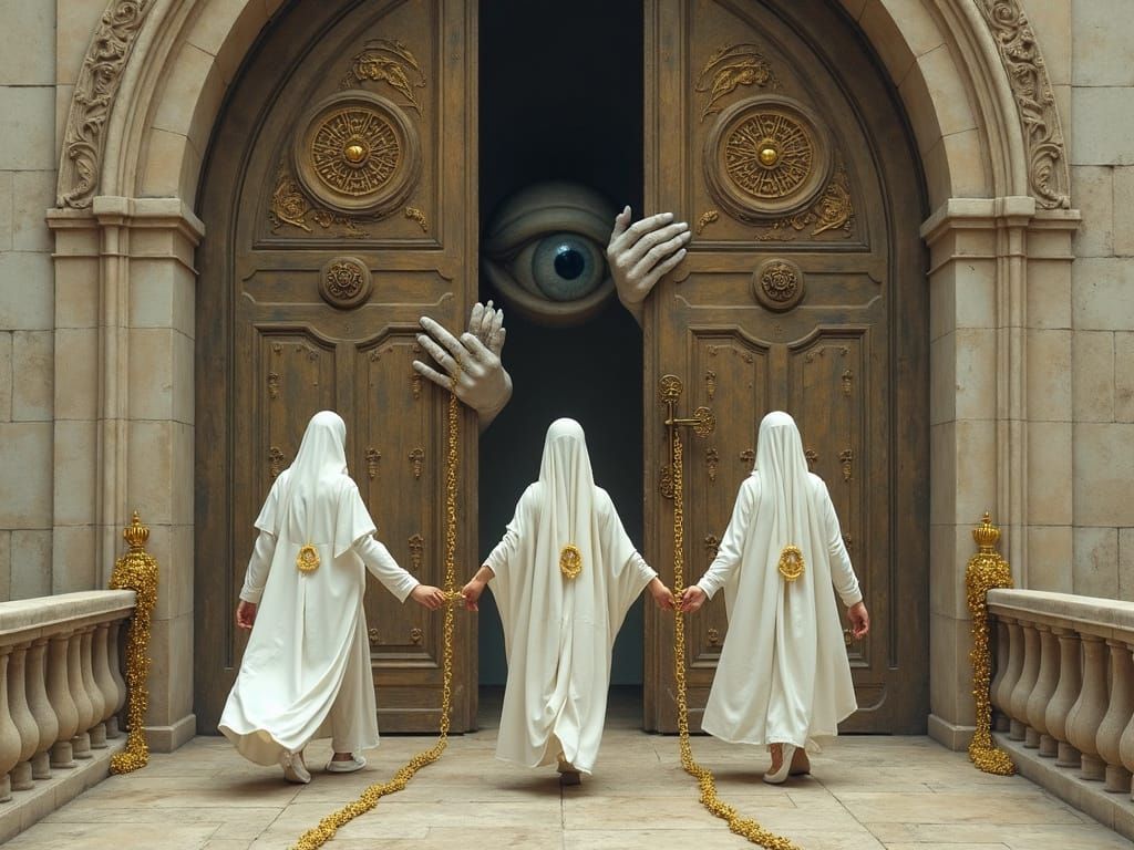 Mysterious Figures Unveil Hidden Door with Giant Hands