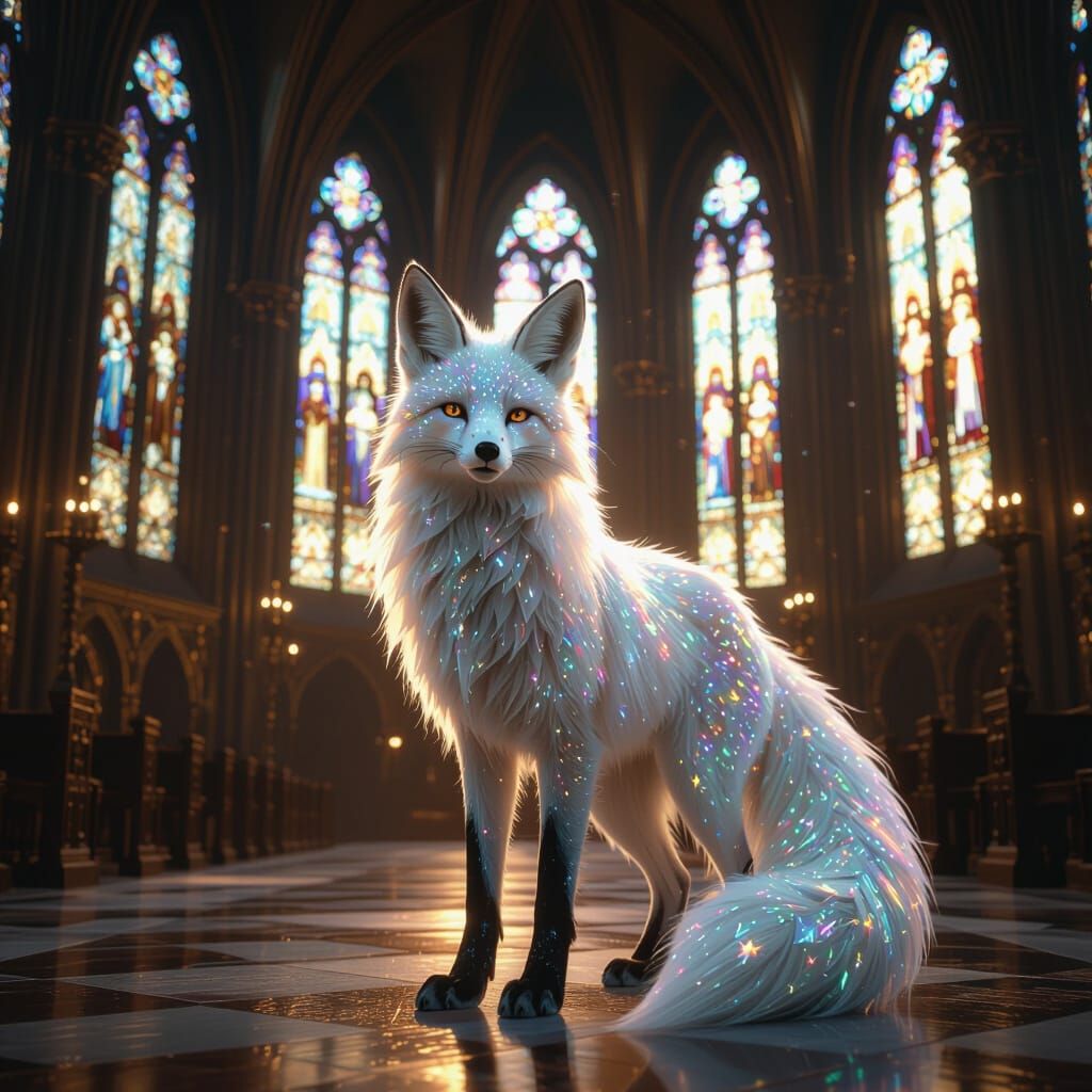 Celestial Fox in Gothic Cathedral with Stained Glass