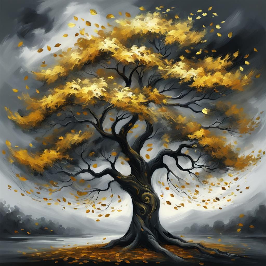 Golden Tree in Wind: Digital Fantasy Art