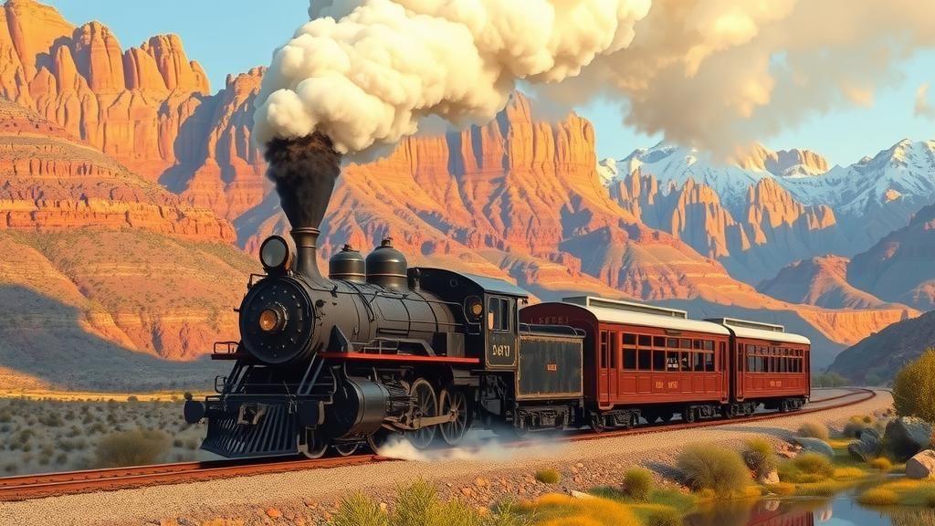 Vintage Steam Train Through Golden Mountain Landscape