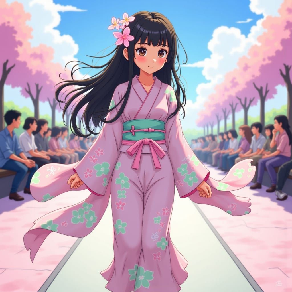 Surreal Anime Fashion Runway Scene in Vibrant Painterly Styl...