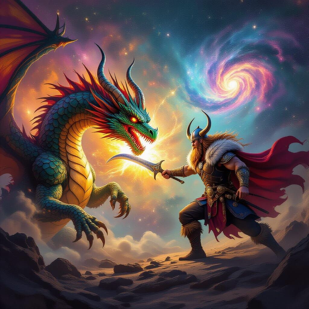 Dragon Fights Viking Amidst Cosmic Galaxies
