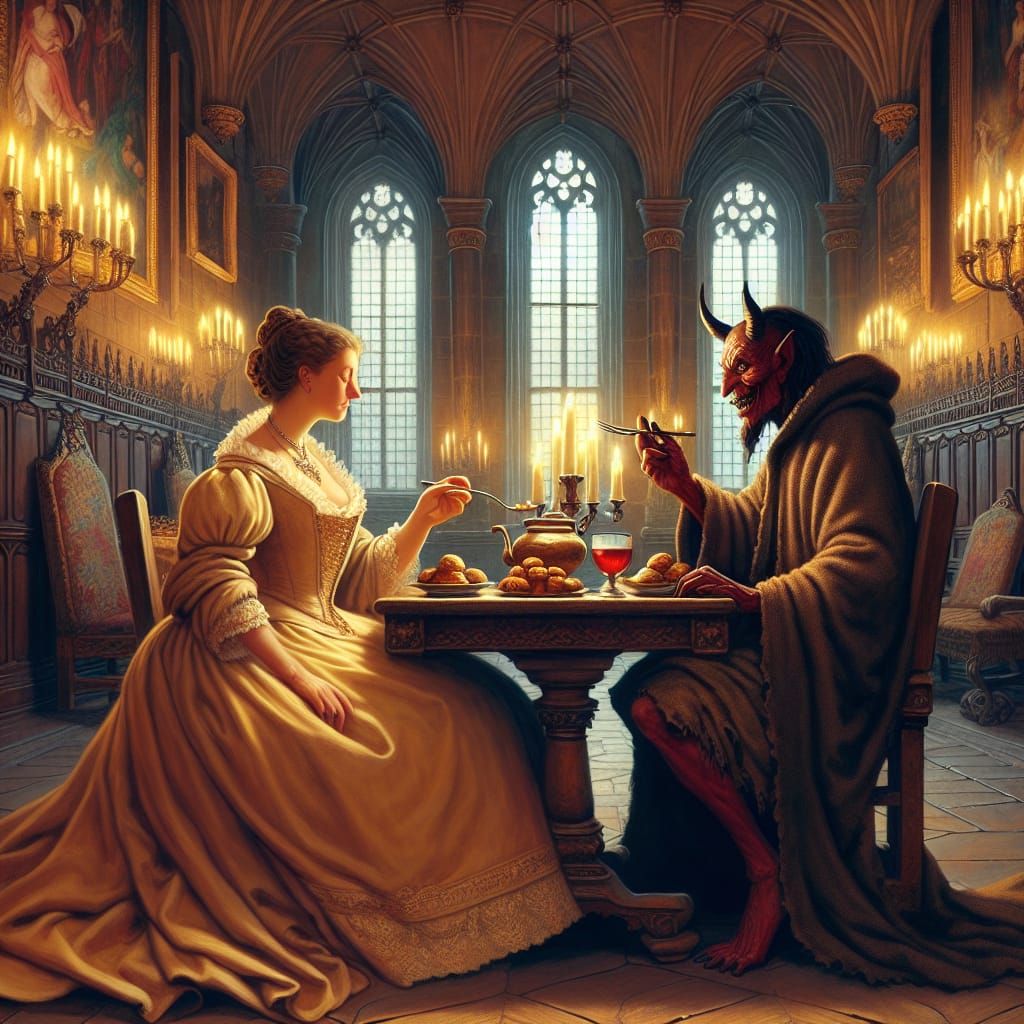 Noble Woman Dines with Devil in Castle Hall