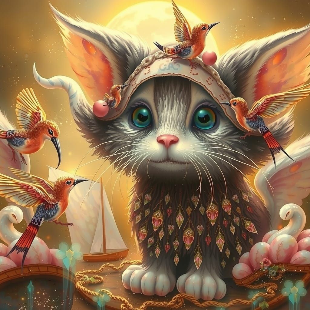 Dreamy Watercolor Full Moon Scene with Whimsical Creatures