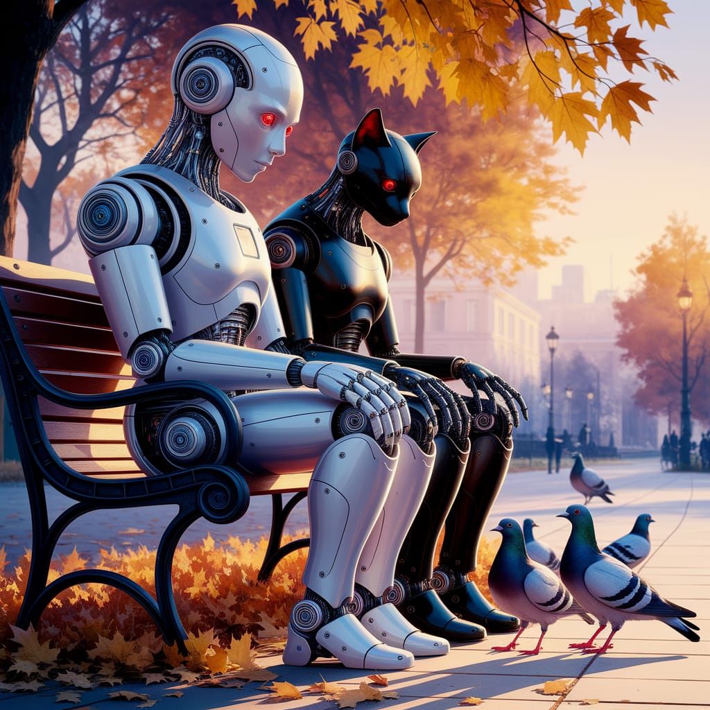 Robot and Cybernetic Cat Feeding Pigeons in Warm Sunlight