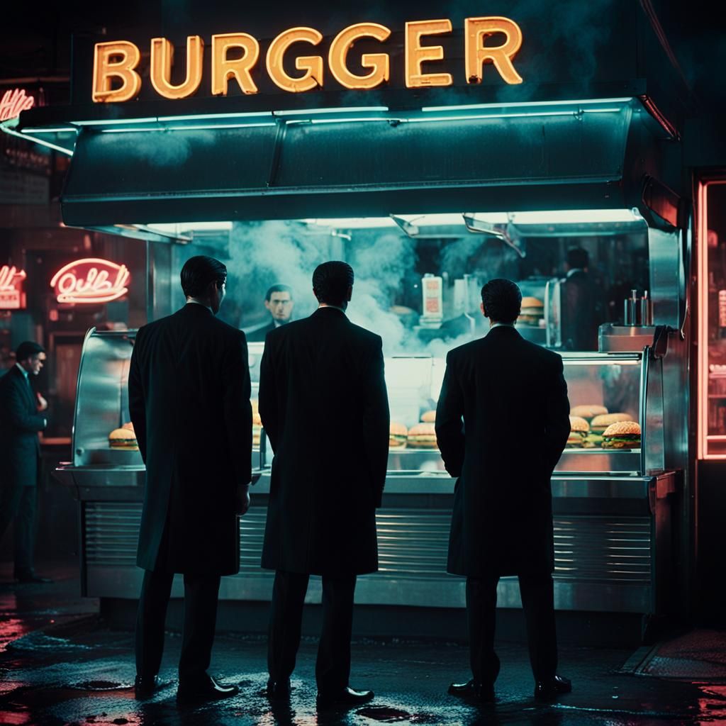 Men in Black Burgers in a Neon Noir Night Scene