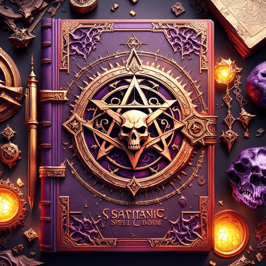 Red Satanic Spellbook in Dark Fantasy Style
