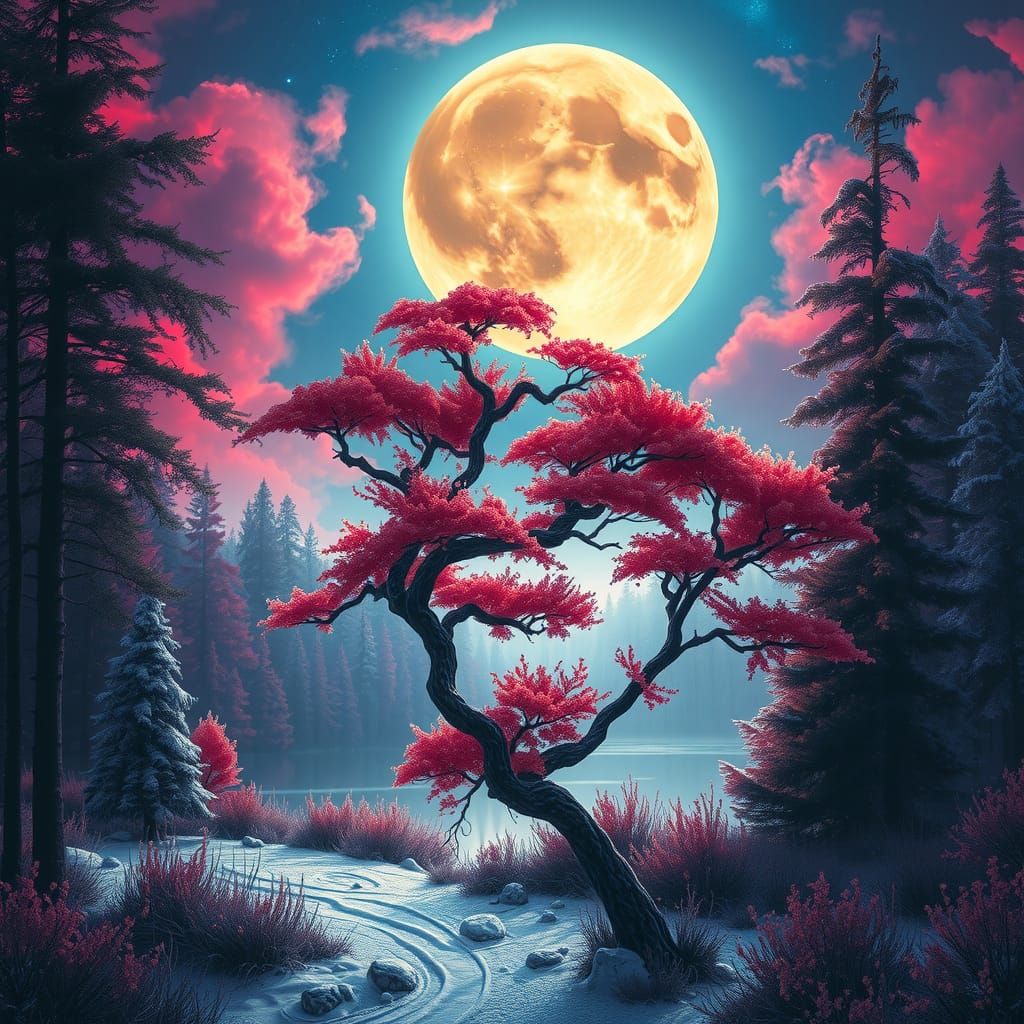 Mystical Forest Under Iridescent Moon, Dreamy Landscape
