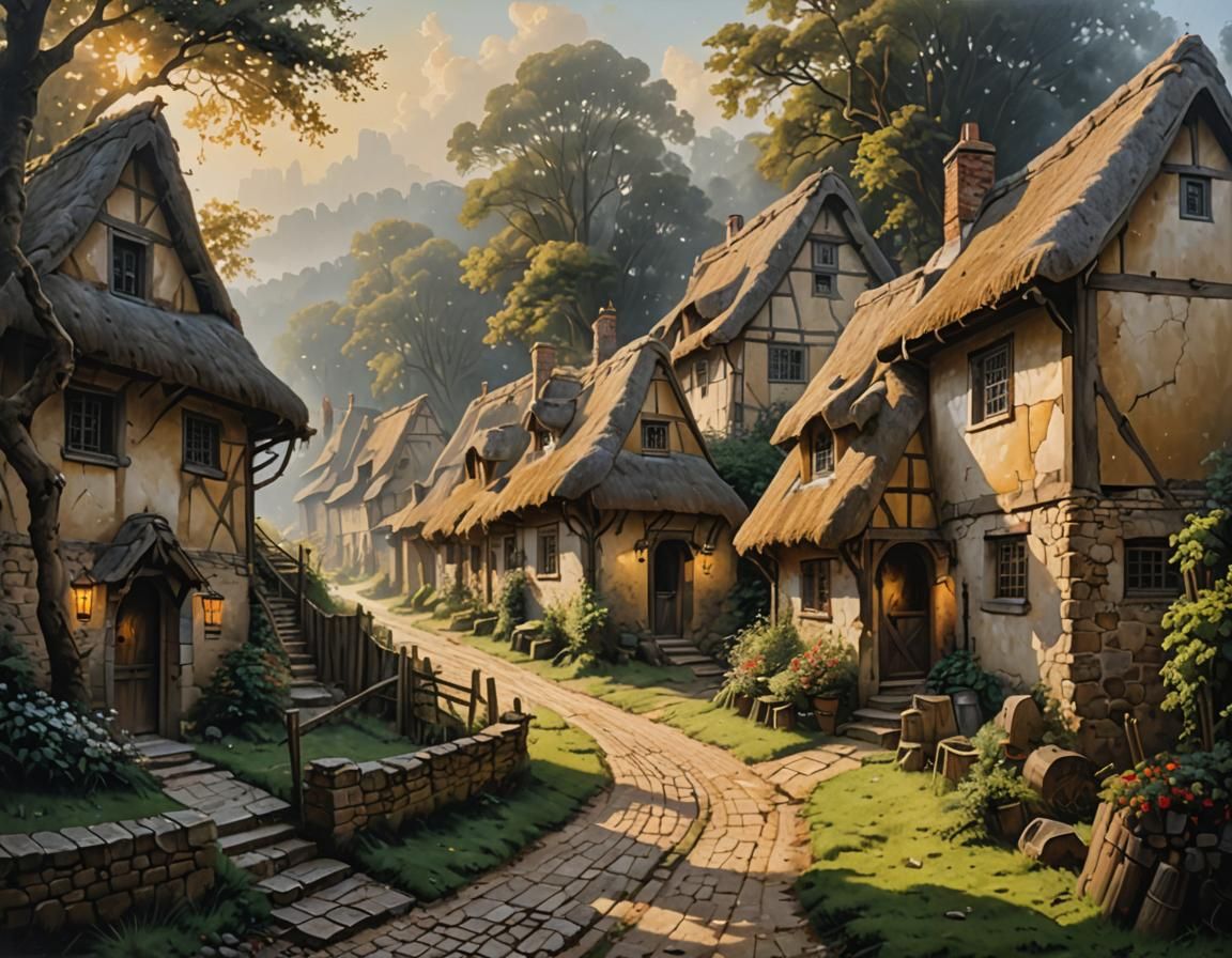 Rustic Village Houses in Morning Mist, Acrylic Painting