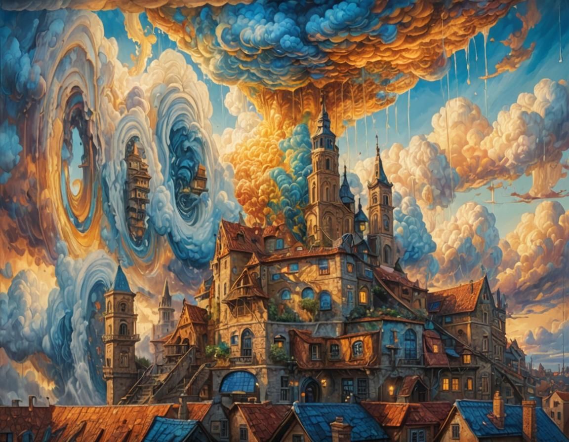 Surreal Town with Melting Clouds as Oil Painting