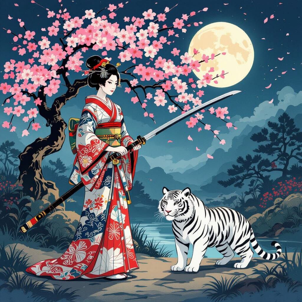 Onna Bugeisha and White Tiger in Ukiyo-e Japanese Garden