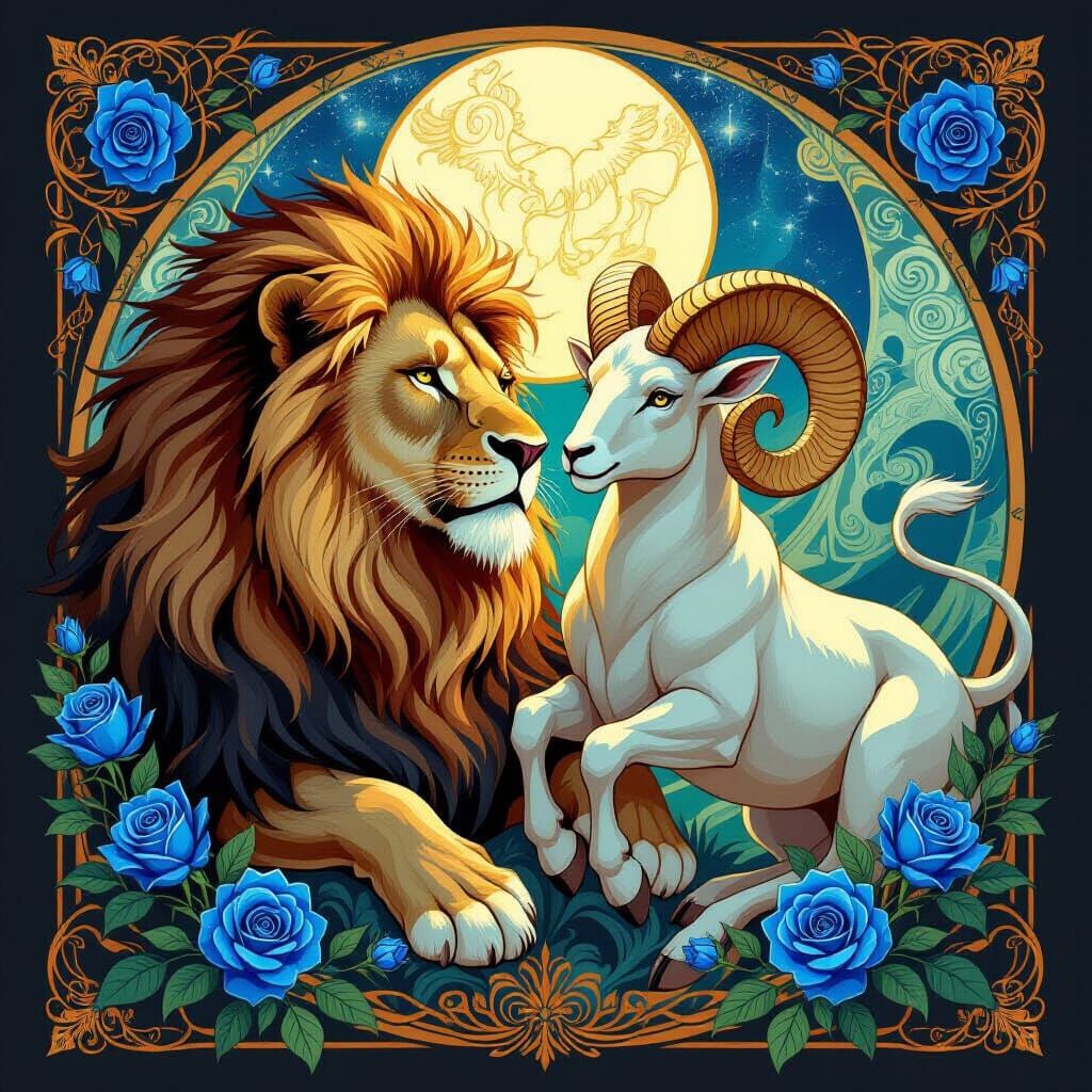 Leo Zodiac Lion and Aries Ram with Dragon in Art Nouveau Sty...