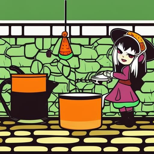 Chibi Witch Brewing Soup, Comicbook Style Illustration