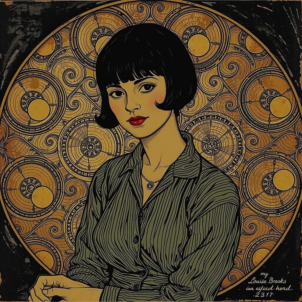 Etched Portrait of Louise Brooks in Vintage Style