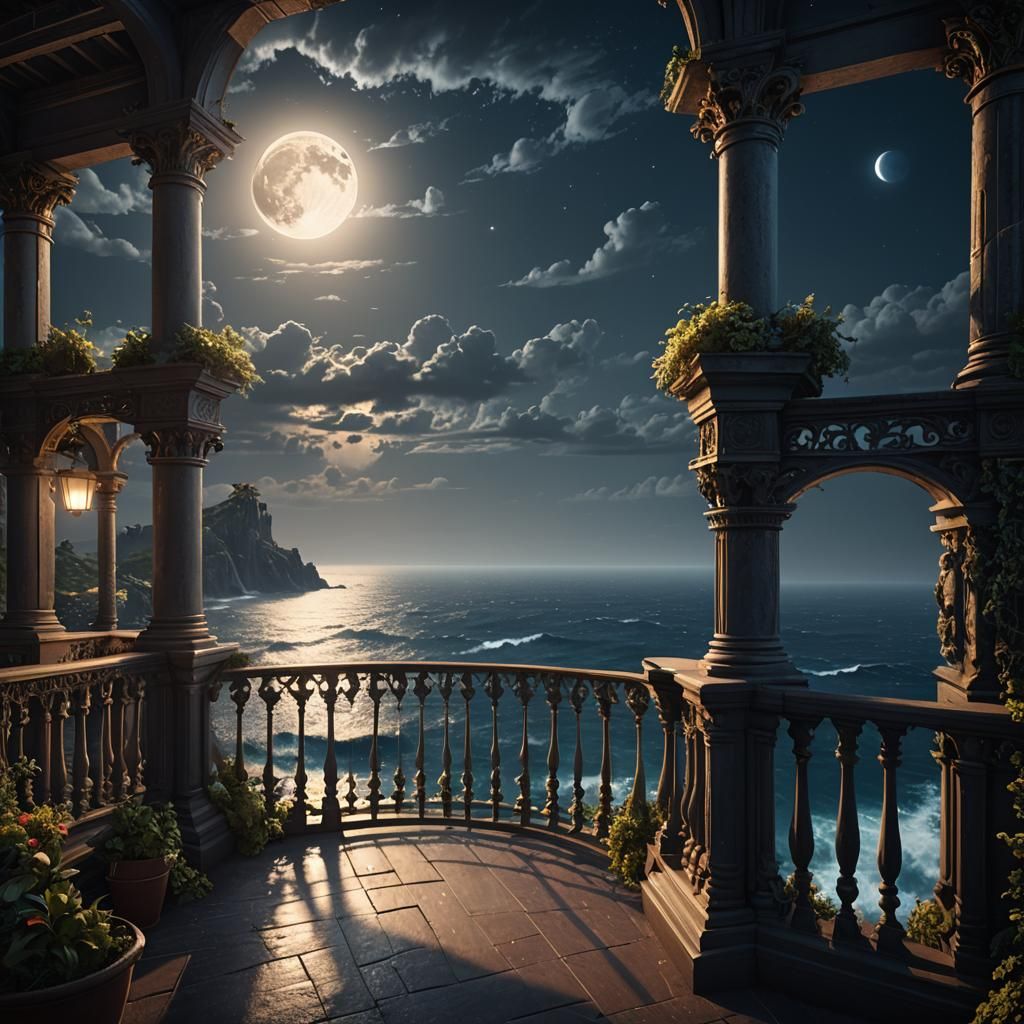 Moonlit Ocean View Balcony in Detailed Matte Painting