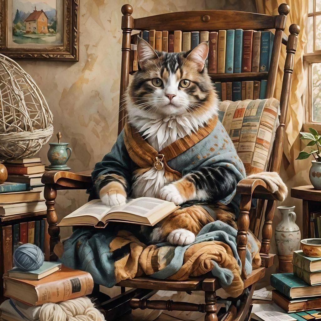 Calico Cat Reads Parenting Book, Detailed Portrait