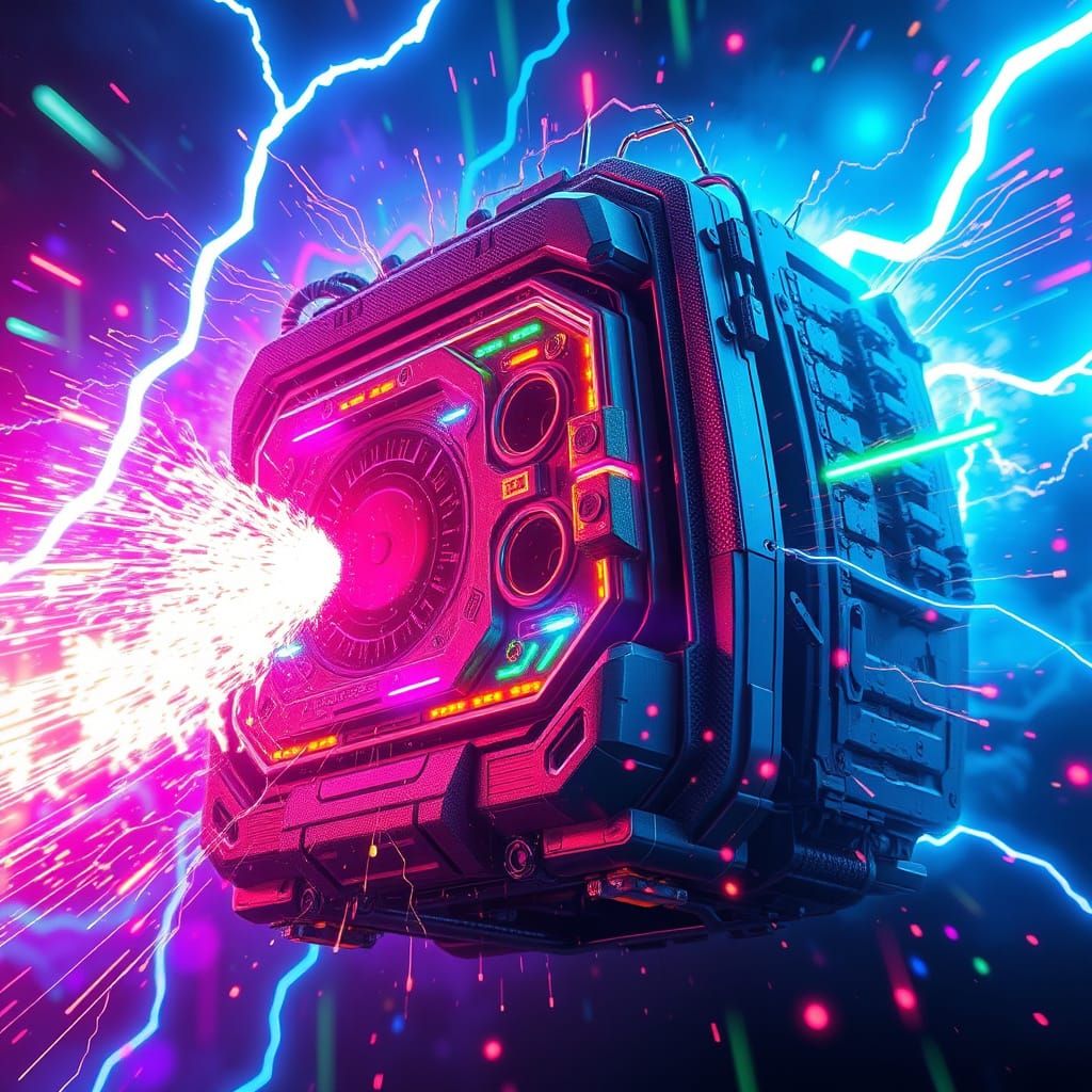 Futuristic Device Surrounded by Neon Lights and Data Streams