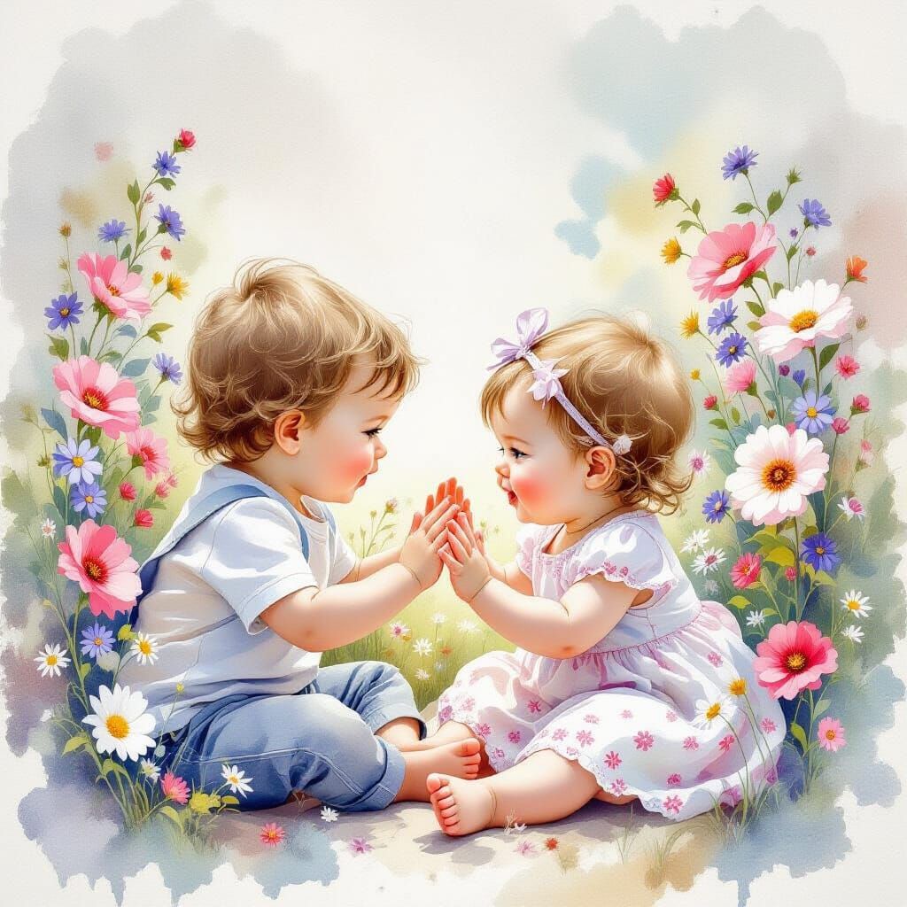 Ethereal Watercolour of Siblings Playing Peek-a-Boo