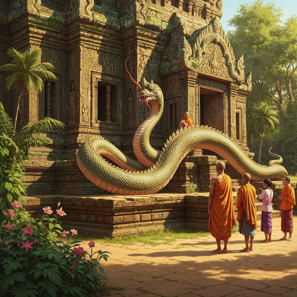 Naga Serpent Coiled Around Phimai Temple in Mythic Style