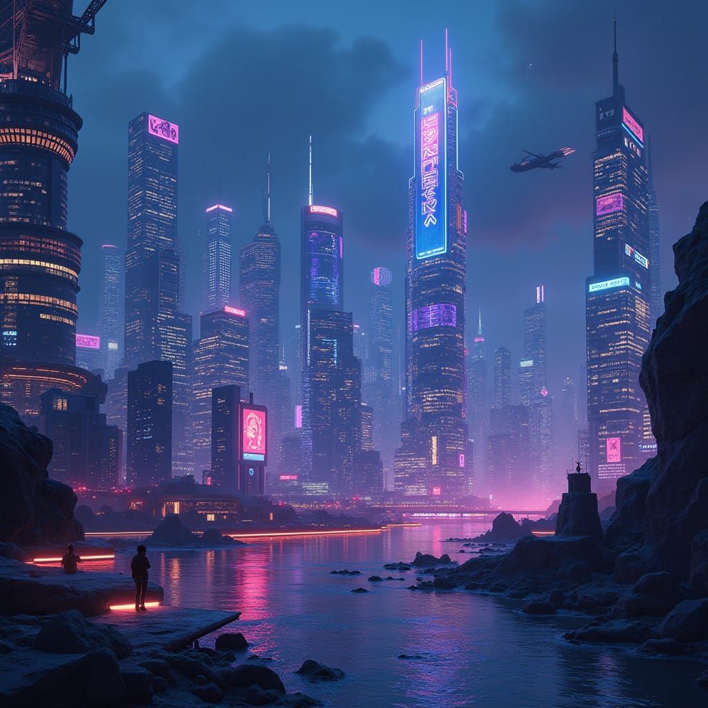 Cyberpunk Cityscape with Holographic Advertisements in Bold...