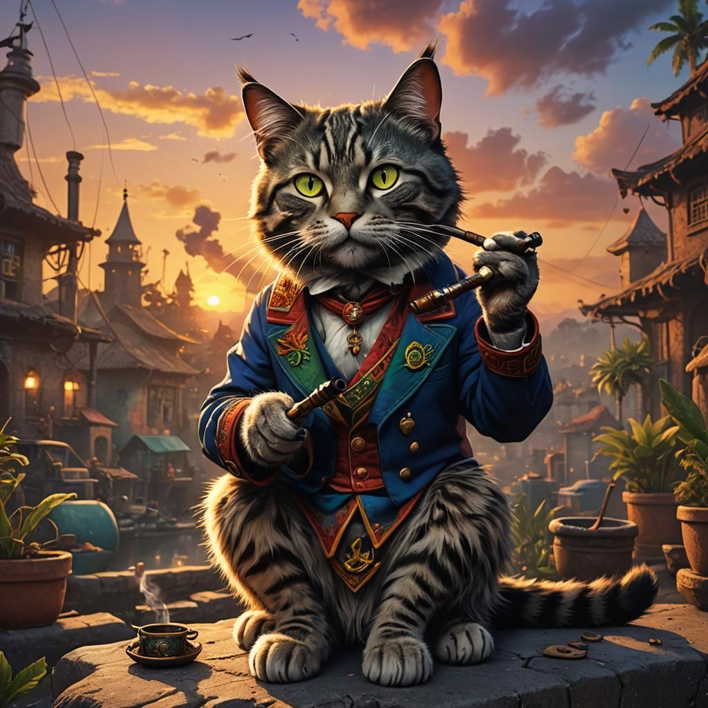 Rasta Cat Smoking Pipe at Sunset