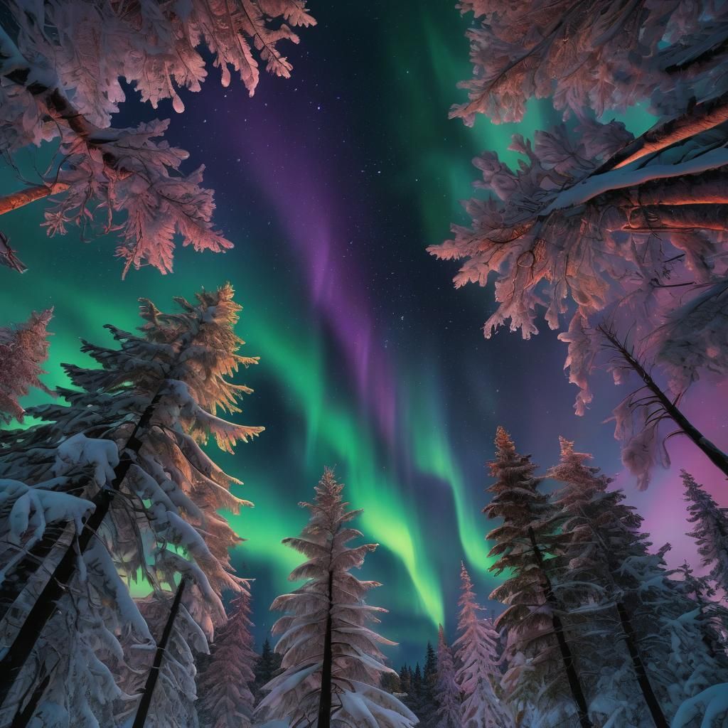 Ethereal Northern Lights Over Snowy Forest