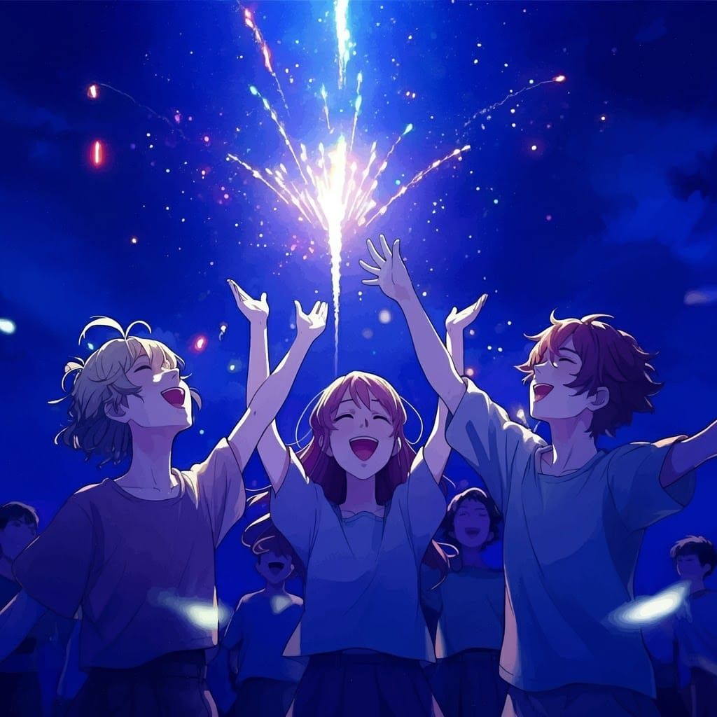 Ecstatic Youth Celebrate Under Cosmic Fireworks