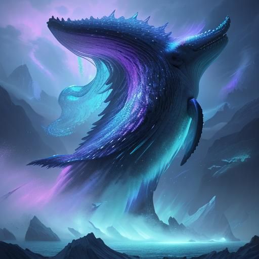 Glowing Whale Breaching in Bioluminescent Aurora