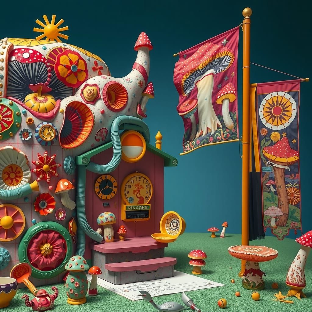 Whimsical Fungal Kingdom Reigns Amidst Retro-Futuristic Mach...