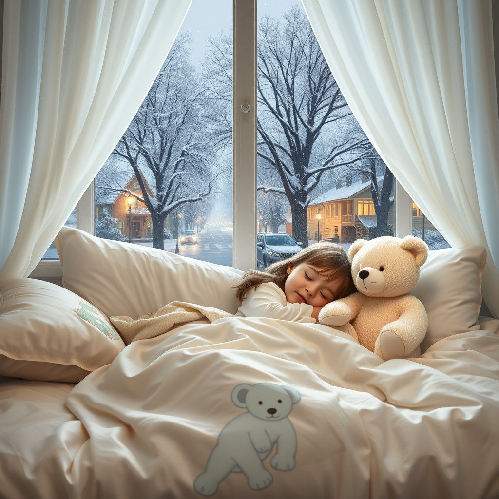 Dreamy Winter Night: Girl and Puppy Asleep