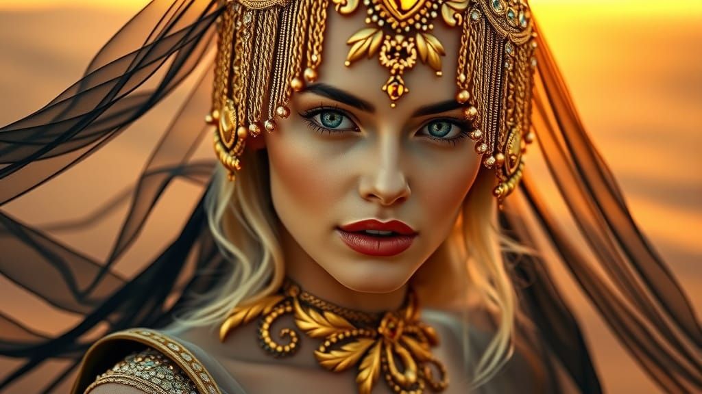 High-Fashion Woman in Golden Headdress