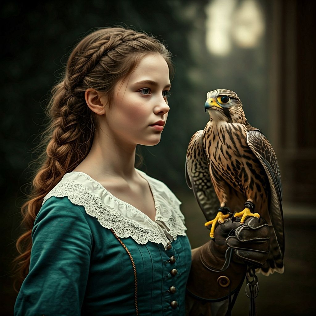Baroque Teen Falconer with Falcon, Hyperrealistic