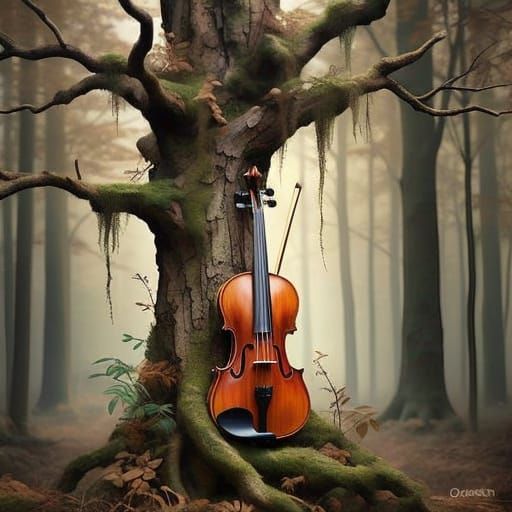 Tree of Melody: A Naturalistic Oil Painting of a Violin Tran...