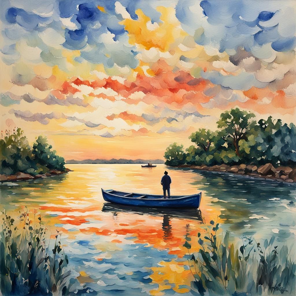 Impressionist Gouache Painting of a Figure by Water