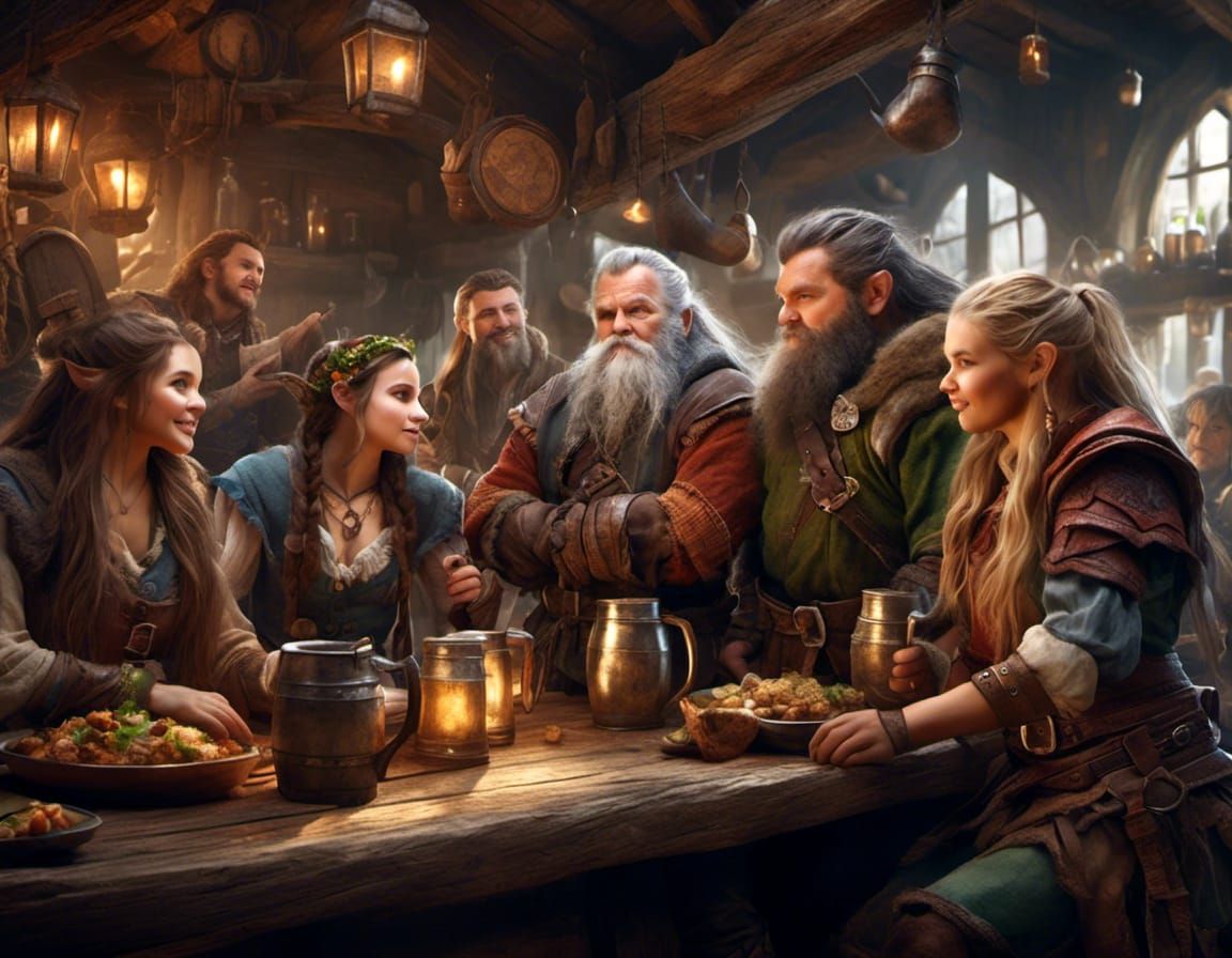 Hyperrealistic Tavern Scene with Warriors and Tankards