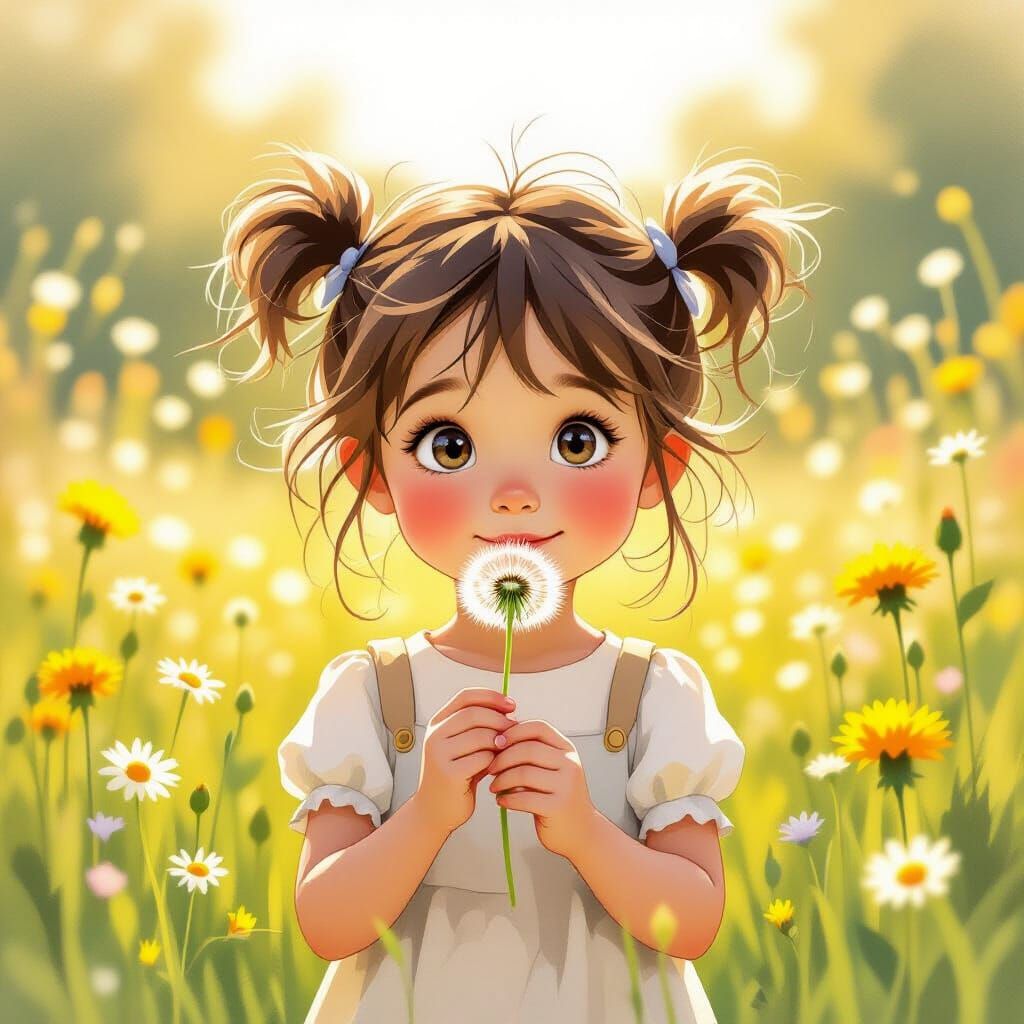 Whimsical Watercolor of Girl in Wildflower Meadow