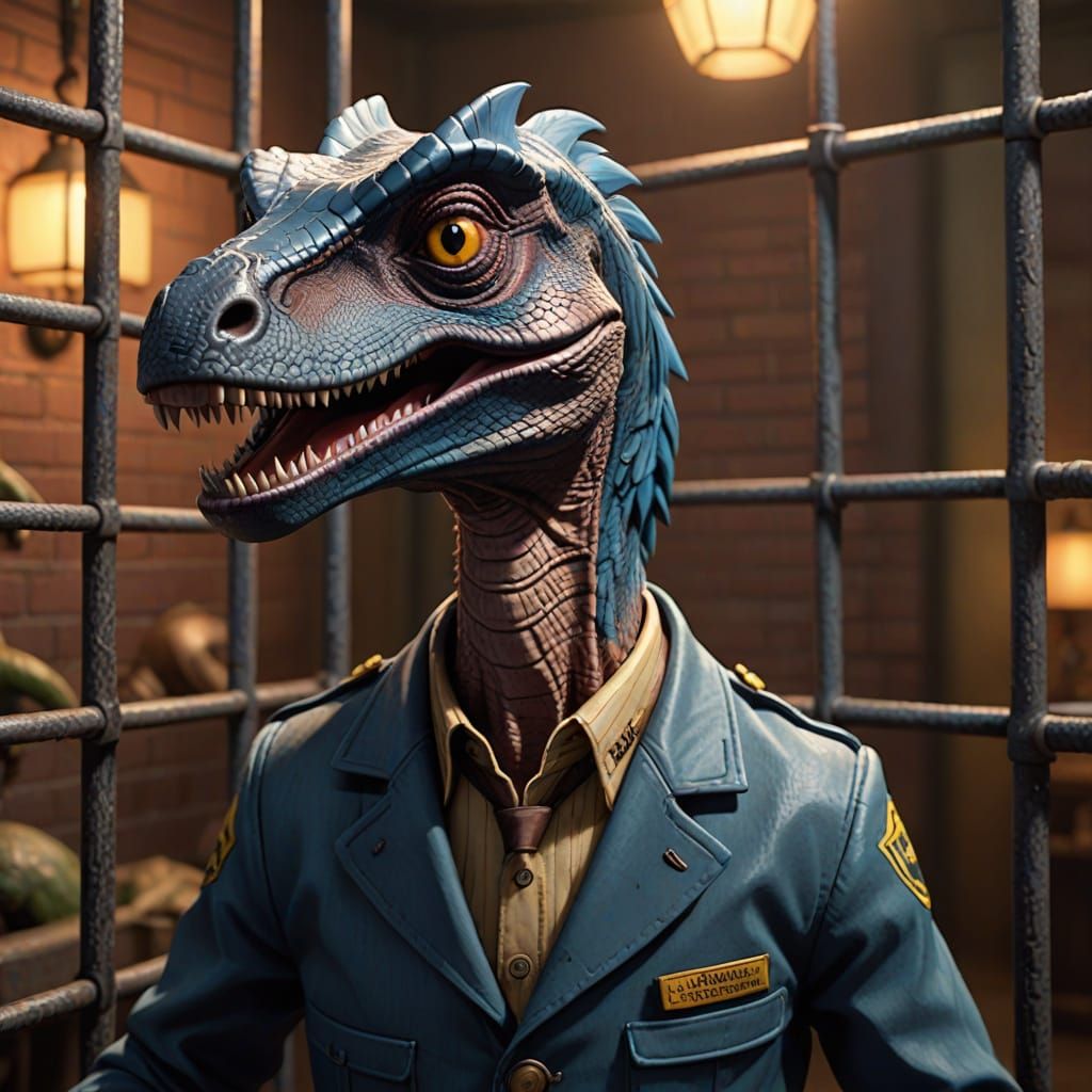 A velociraptor dressed in a 1930s prison uniform rattling th...