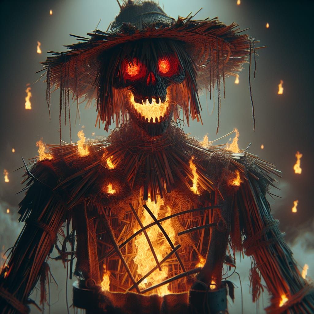 Sinister Flaming Scarecrow in Fantasy Horror Style