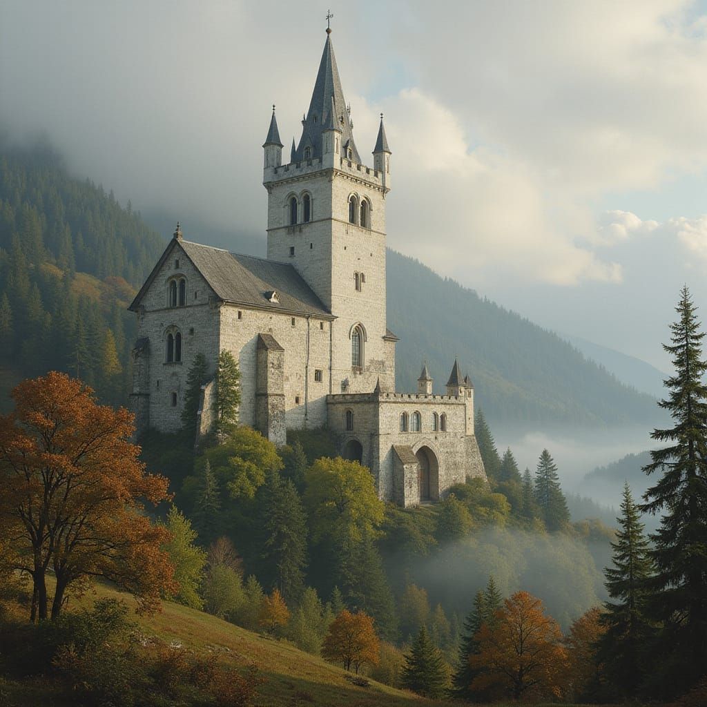 Majestic White Stone Tower in Medieval Landscape