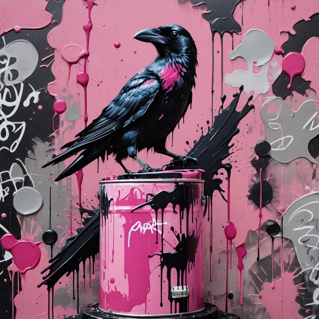Graffiti Crow with Pink Paint, Splash Art Style