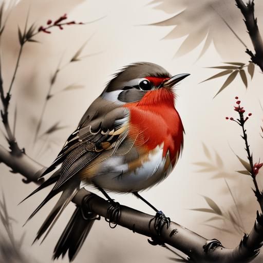 Robin in Chinese Ink Wash Painting Style