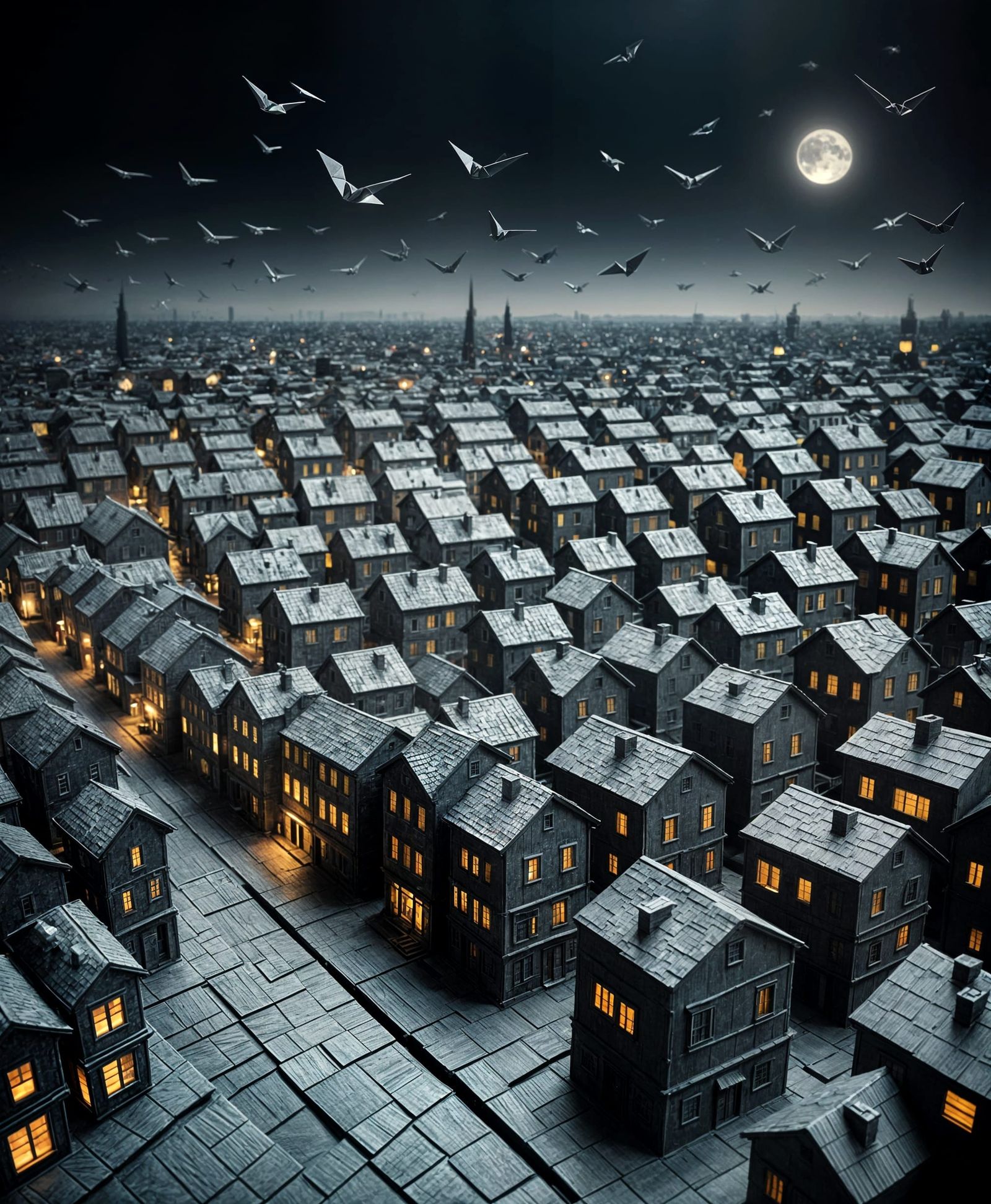 Dark Town in Impasto Origami Papercraft Style