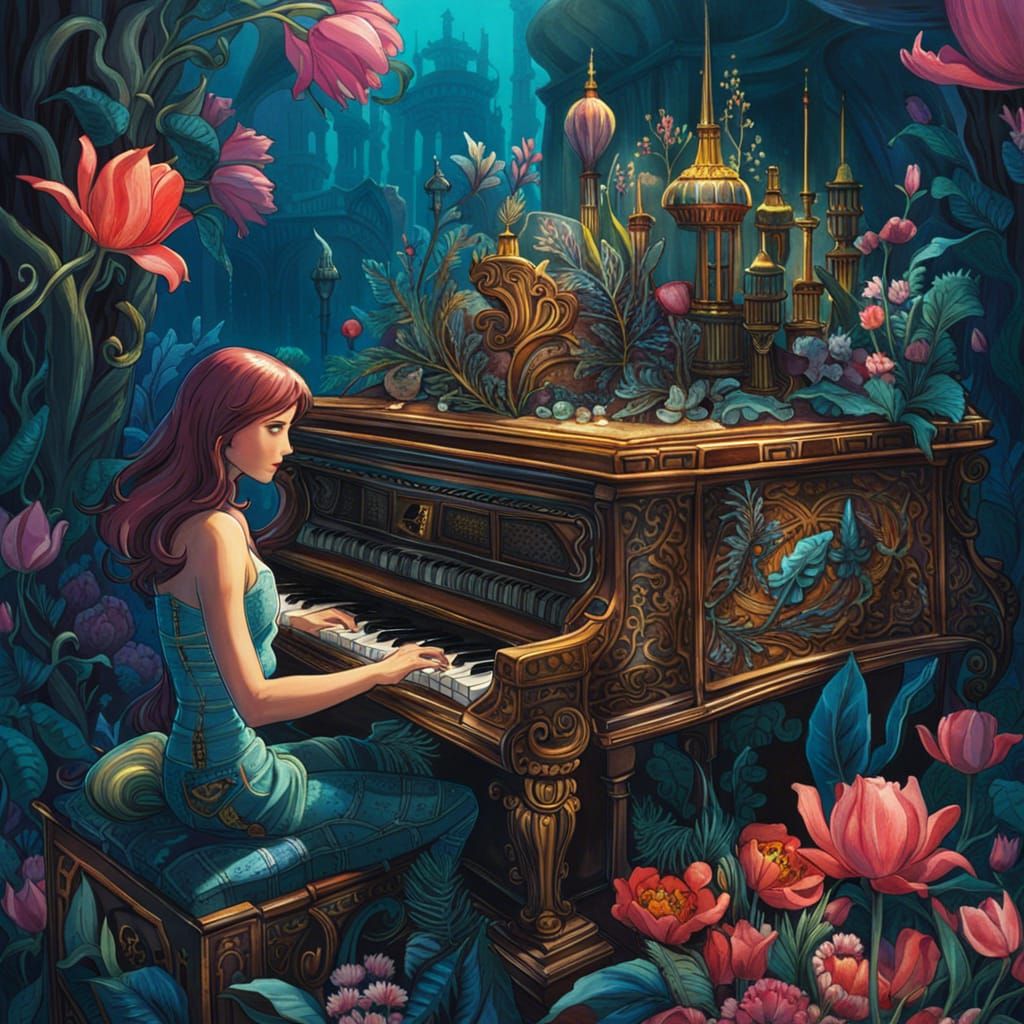 Underwater Discovery: Diver and Piano in Surreal Style