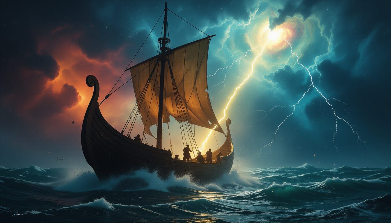 Viking Longship in Cosmic Storm, Caravaggio Style
